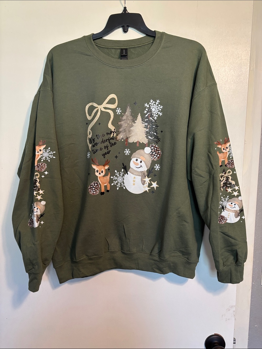 Gildan Olive Green Holiday Sweatshirt with Snowman & Deer Graphics